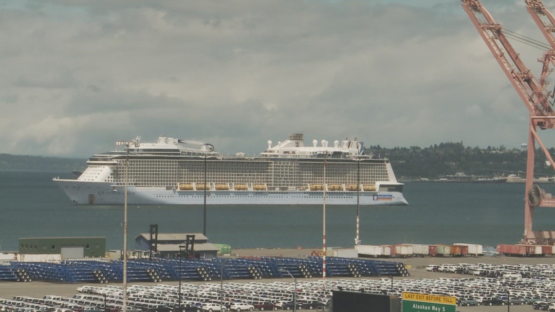 Royal Caribbean cruise ship anchors in Elliott Bay amid high wind [Video]